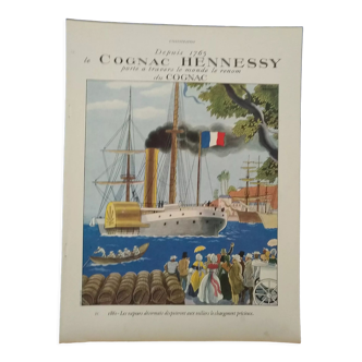 An advertisement cognac paper Hennesy illustration steamboat from magazine 1937