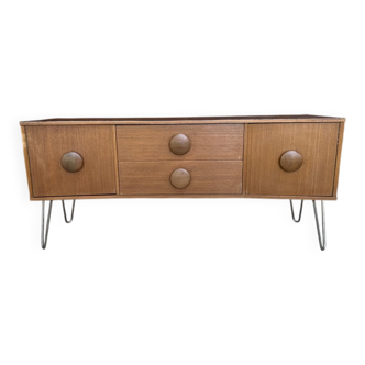 Scandinavian teak sideboard with a black top and metal hairpin legs - 1960s