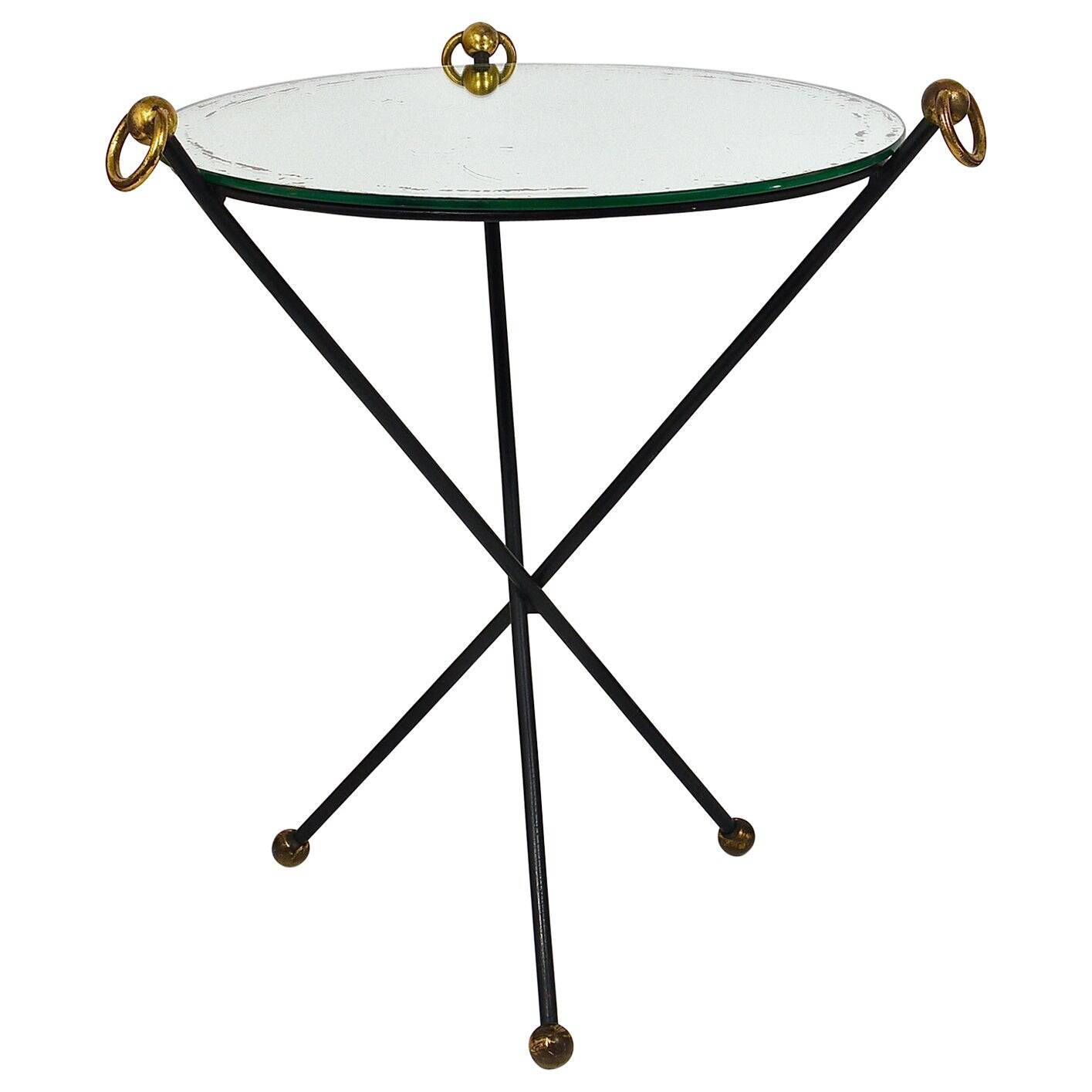 French mid-century mirror side table, Jacques Adnet style, brass, 1950s.