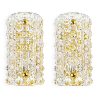 Pair of Scandinavian Glass & Brass Wall Lights/Sconces by Carl Fagerlund for Orrefors & Lyfa, 1960s