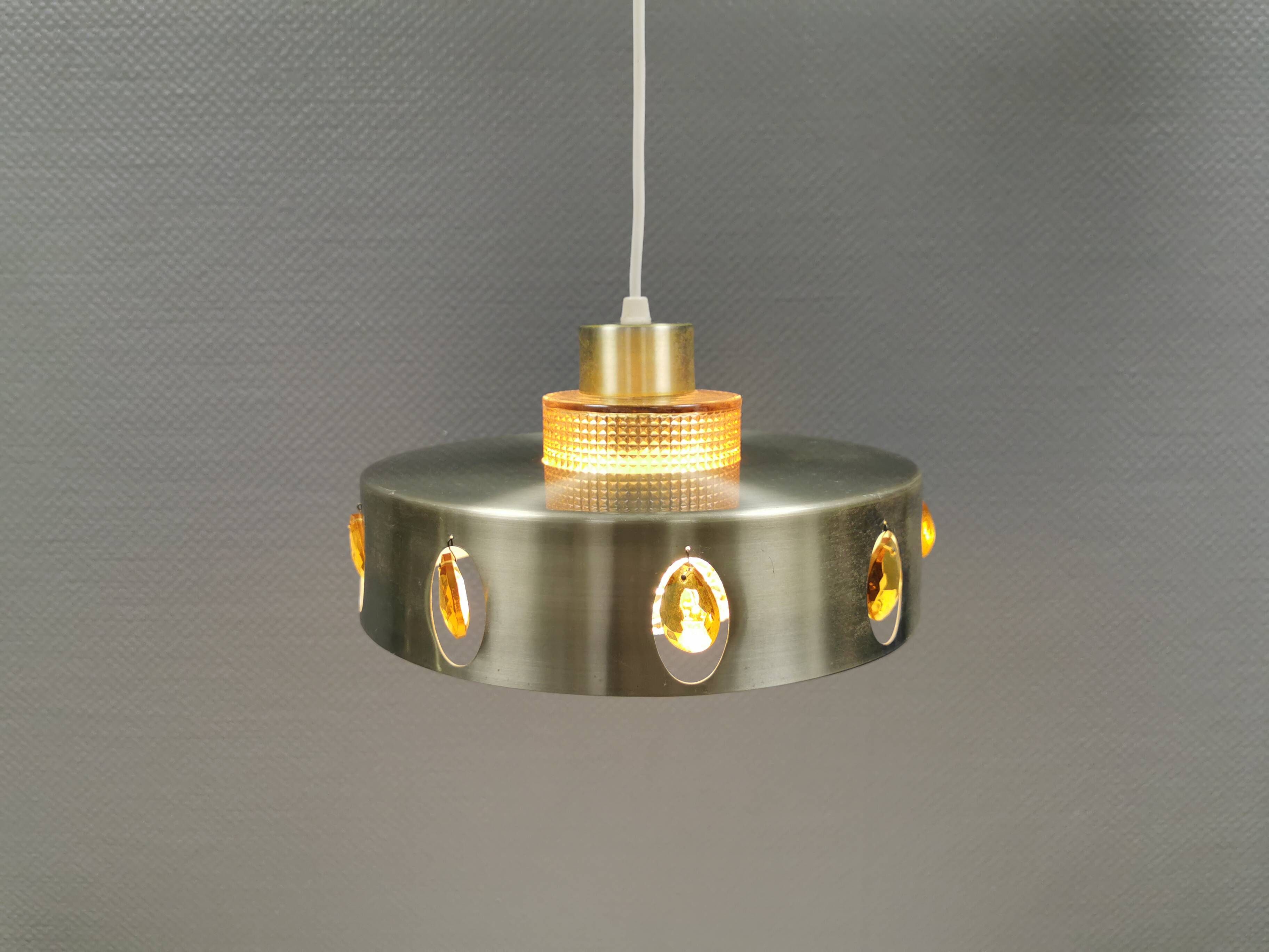 Danish hanging lamp made of glass, metal and with amber colored prisms