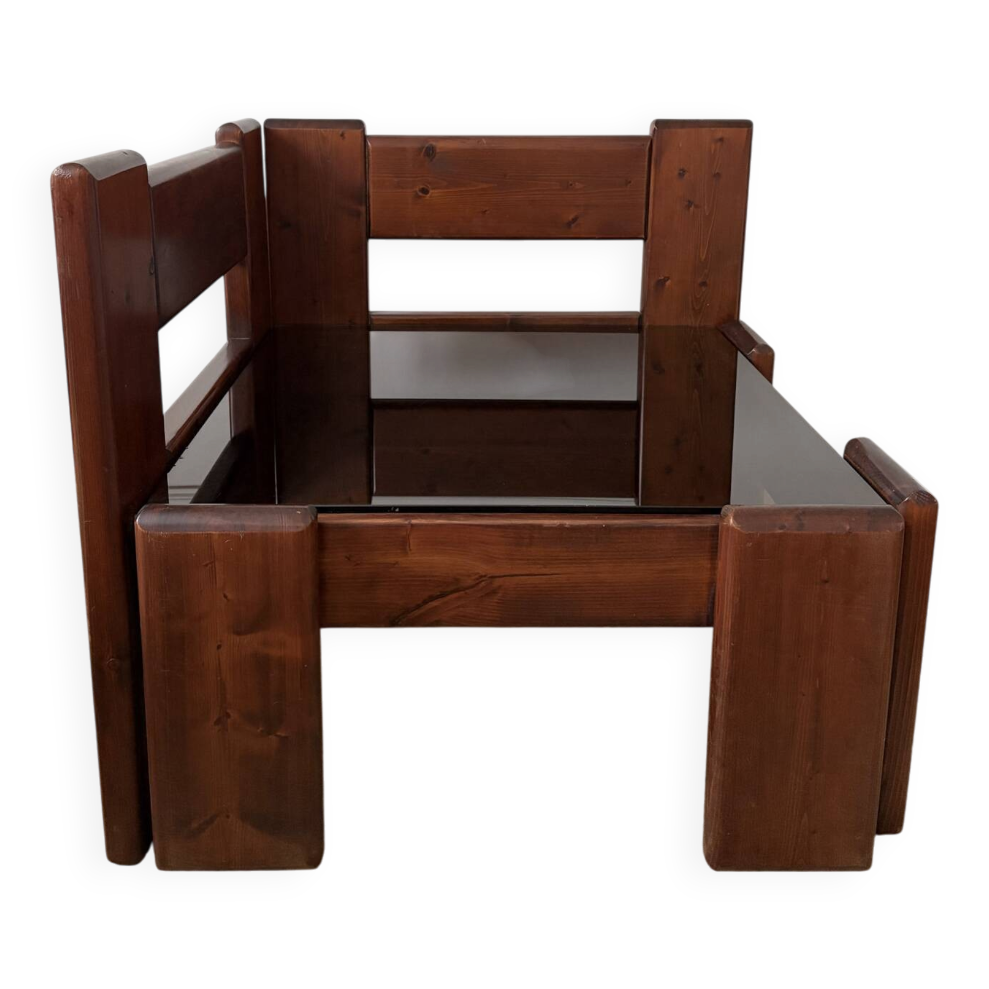 Modernist coffee table in wood and smoked glass.