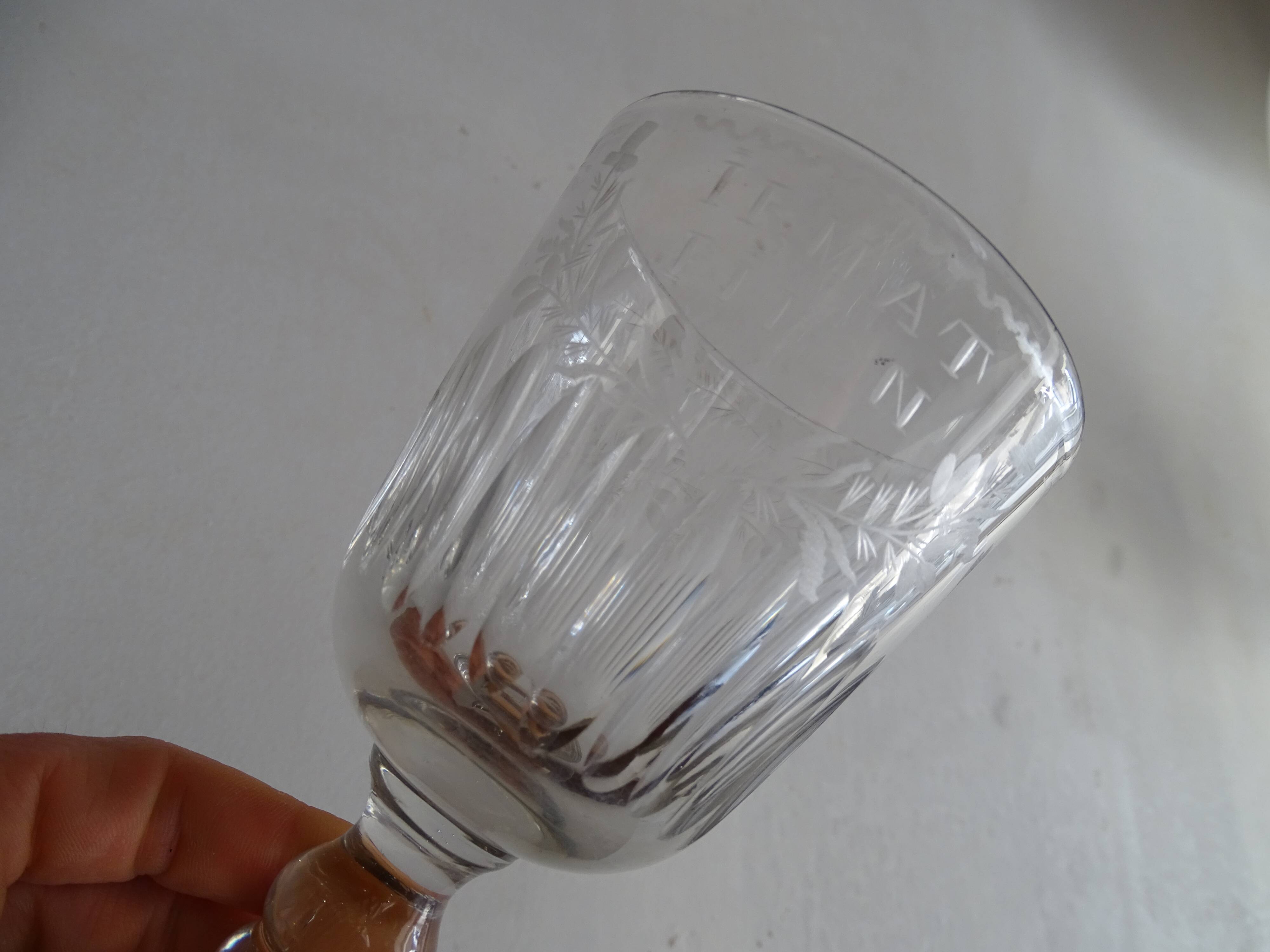 Old foot glass XIXth blown glass engraved flowers