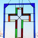 Vitrail décoratif Croix – Verre coloré fait main, 40 × 60 cm