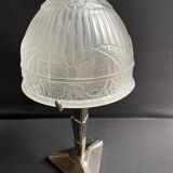 Art Deco table lamp – Chromed metal and molded pressed glass – Attributed to Création Tief