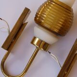 Pair of Scandinavian wall sconces, brass, opal glass and amber glass.