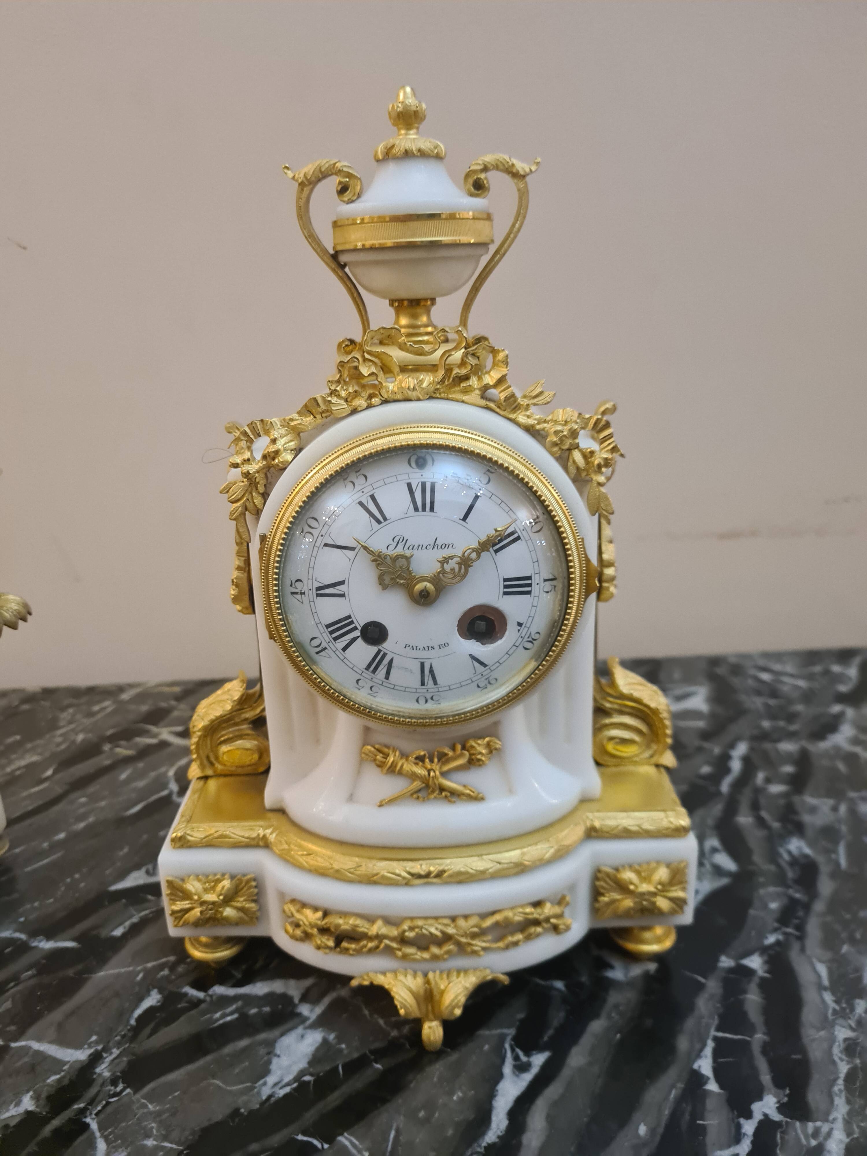 Fireplace set signed Planchon, 19th century