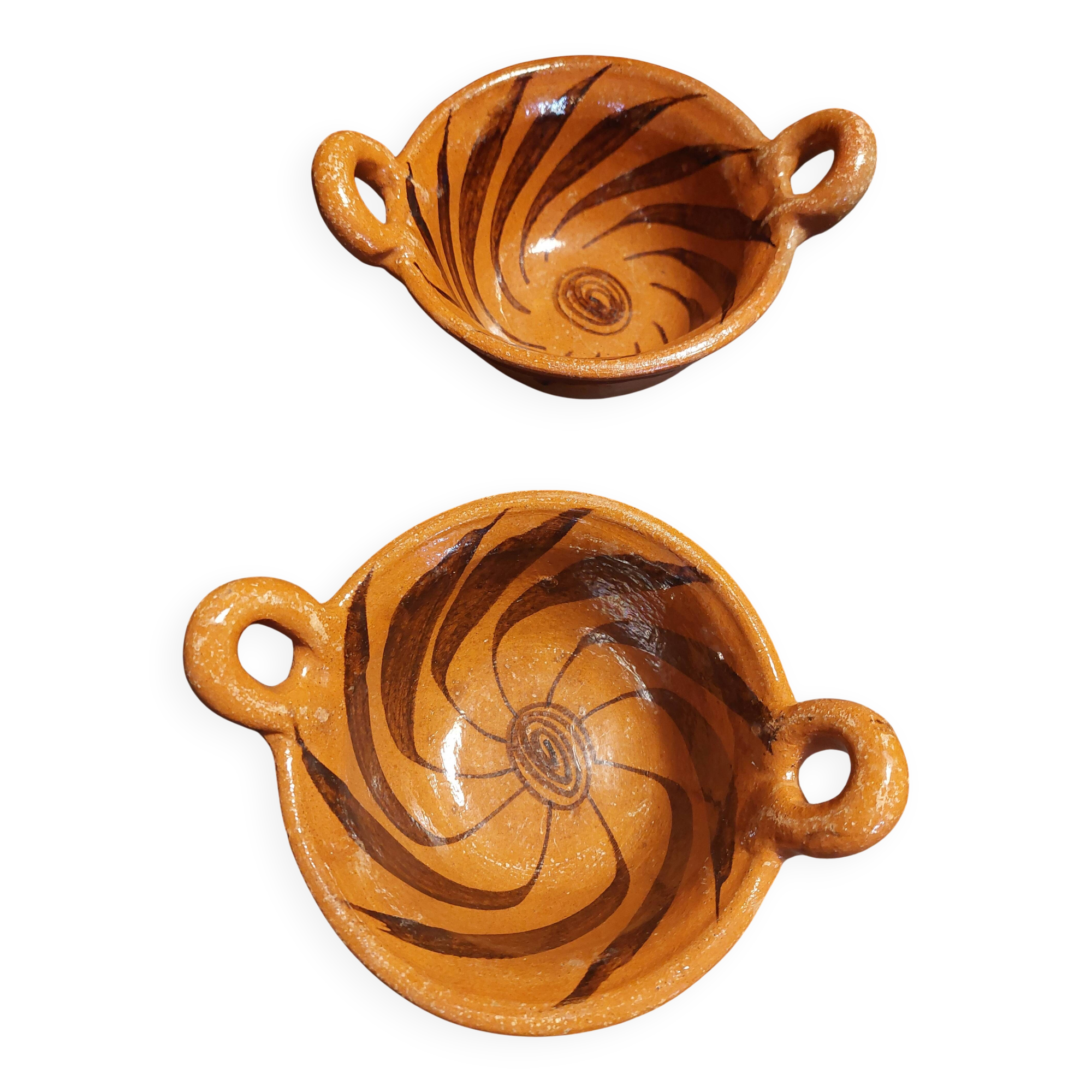 Pair of handled bowls, glazed terracotta, Mexico, mid-20th century.