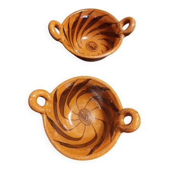 Pair of handled bowls, glazed terracotta, Mexico, mid-20th century.