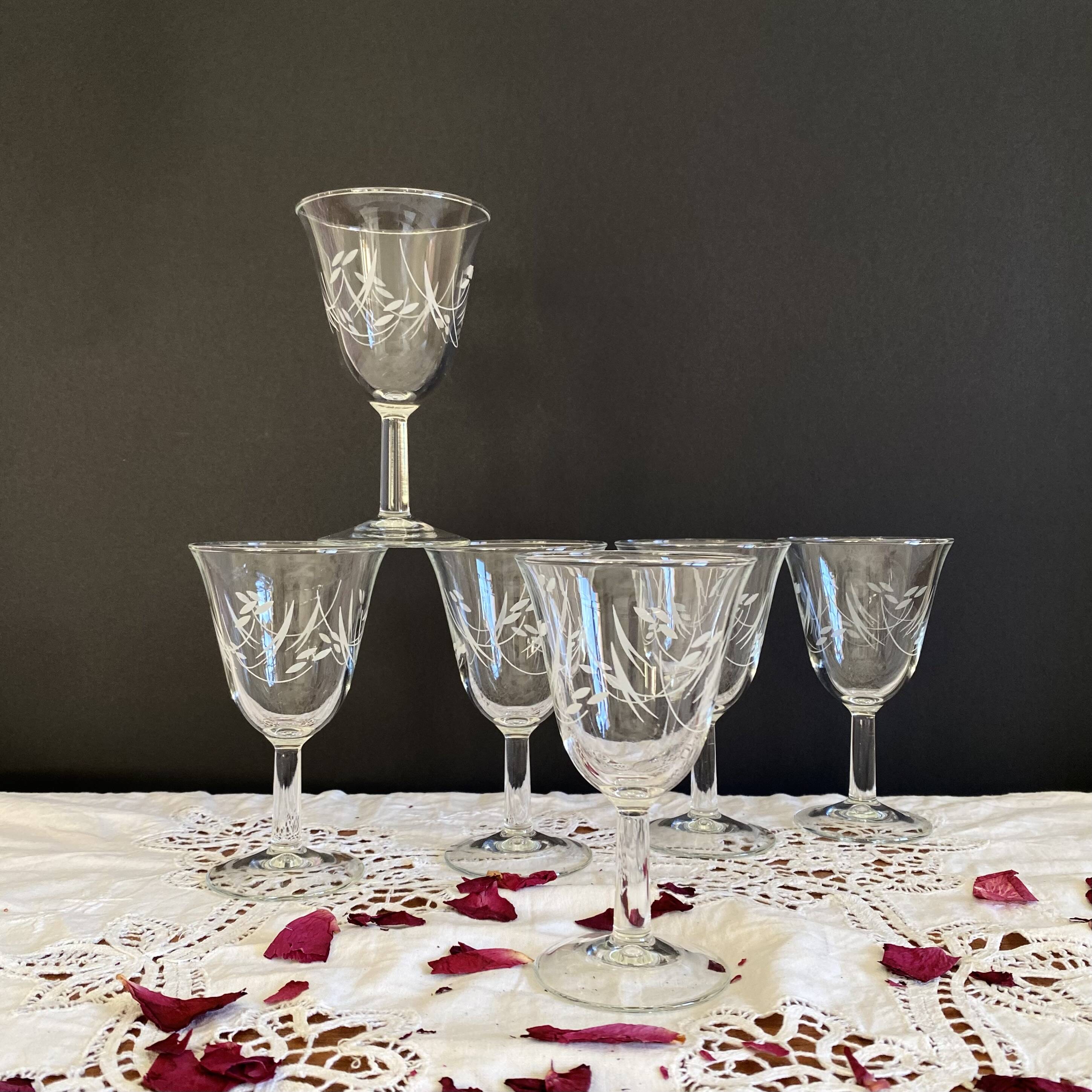 6 antique wine or water glasses engraved with vintage stylized flowers