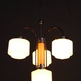 Art Deco nickel chandelier with cream glass cylinders, Czechoslovakia, 1930s