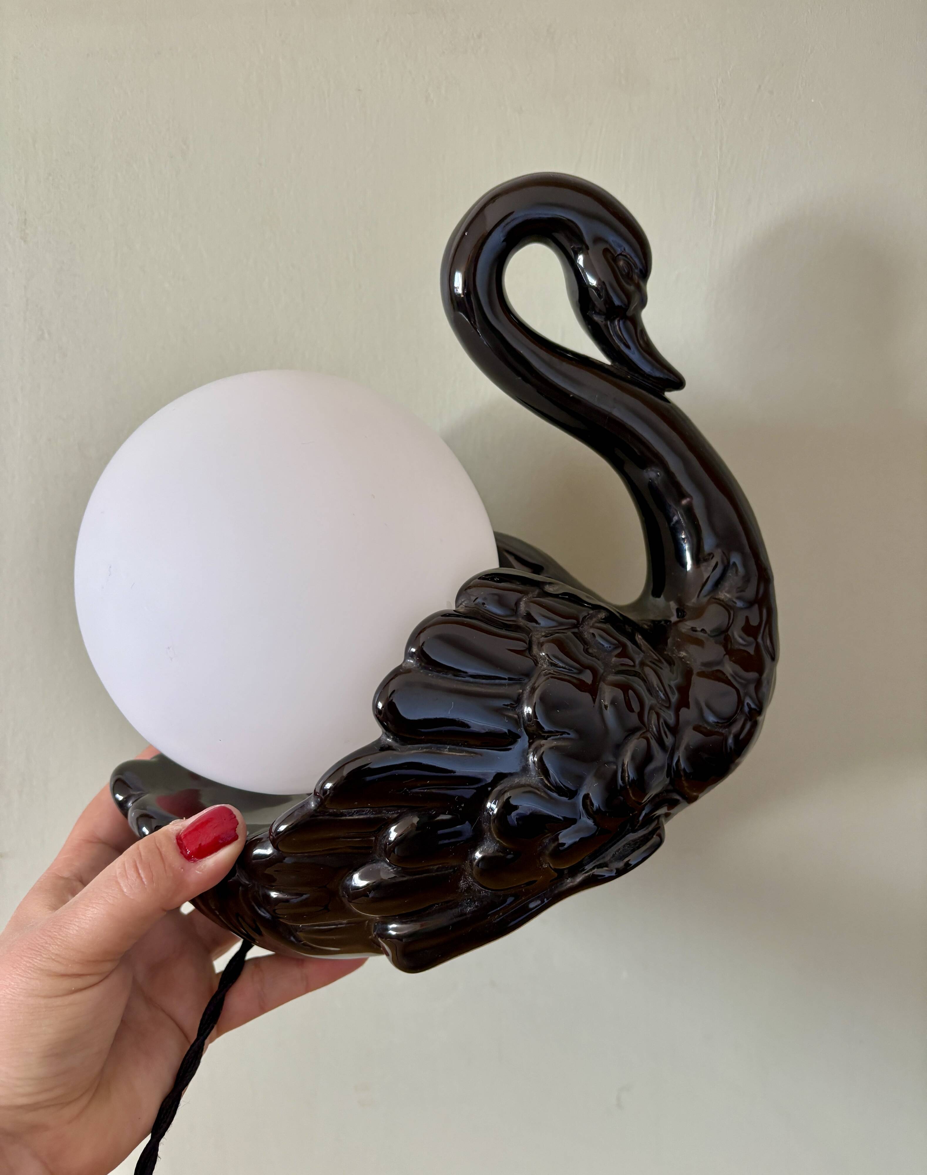 Vintage lamp, black ceramic swan and white opaline globe