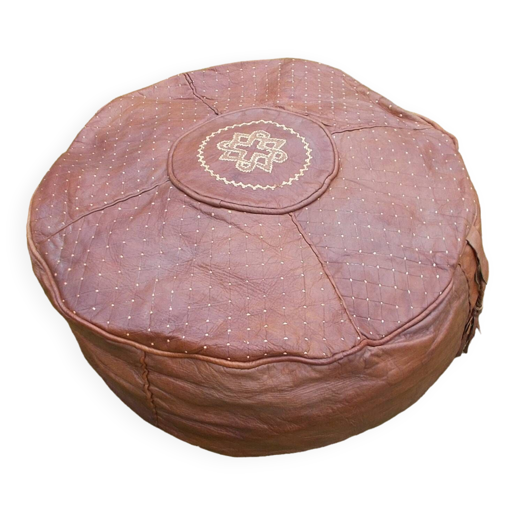 Large vintage Moroccan leather pouf n°2