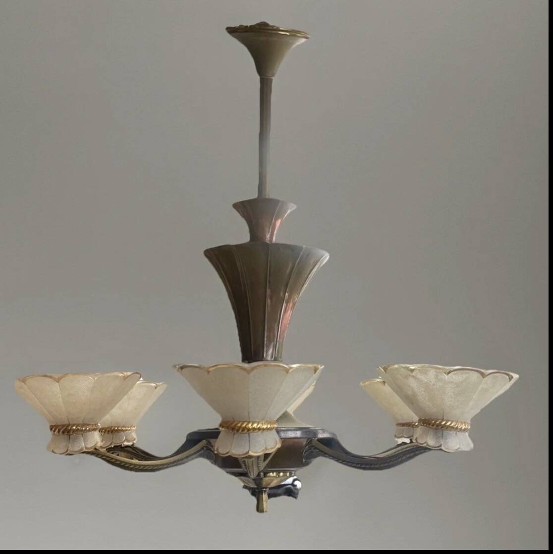 Art Deco Chandelier with Six Lights in Bronze and Frosted Glass, France, 1930s