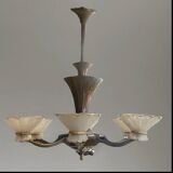 Art Deco Chandelier with Six Lights in Bronze and Frosted Glass, France, 1930s