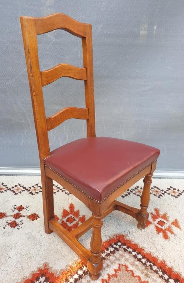 Set 6 chairs style Louis XIII VINTAGE 1980 Oak and Burgundy red leather