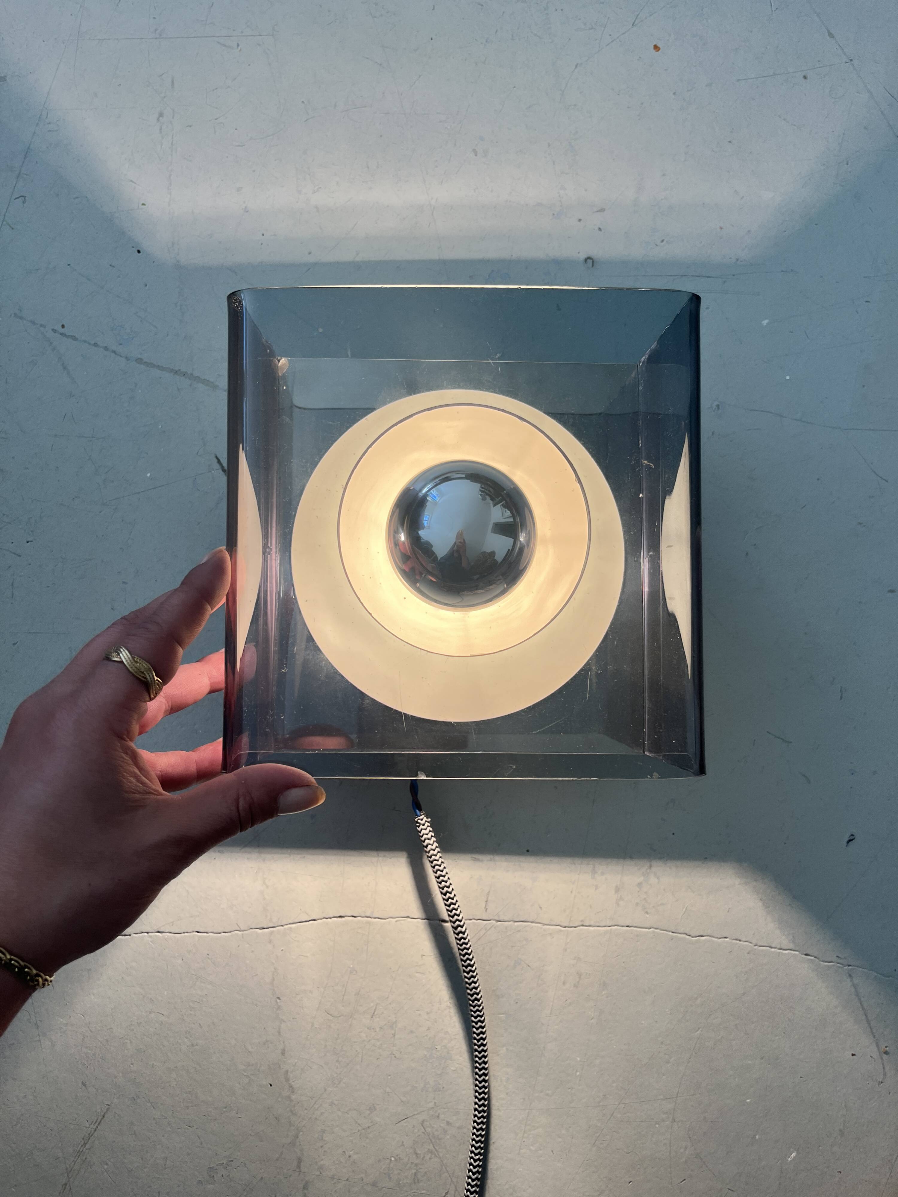 Wall lamp in chromed metal and plexiglass disco model by Jocelyne Trocmé, 1970