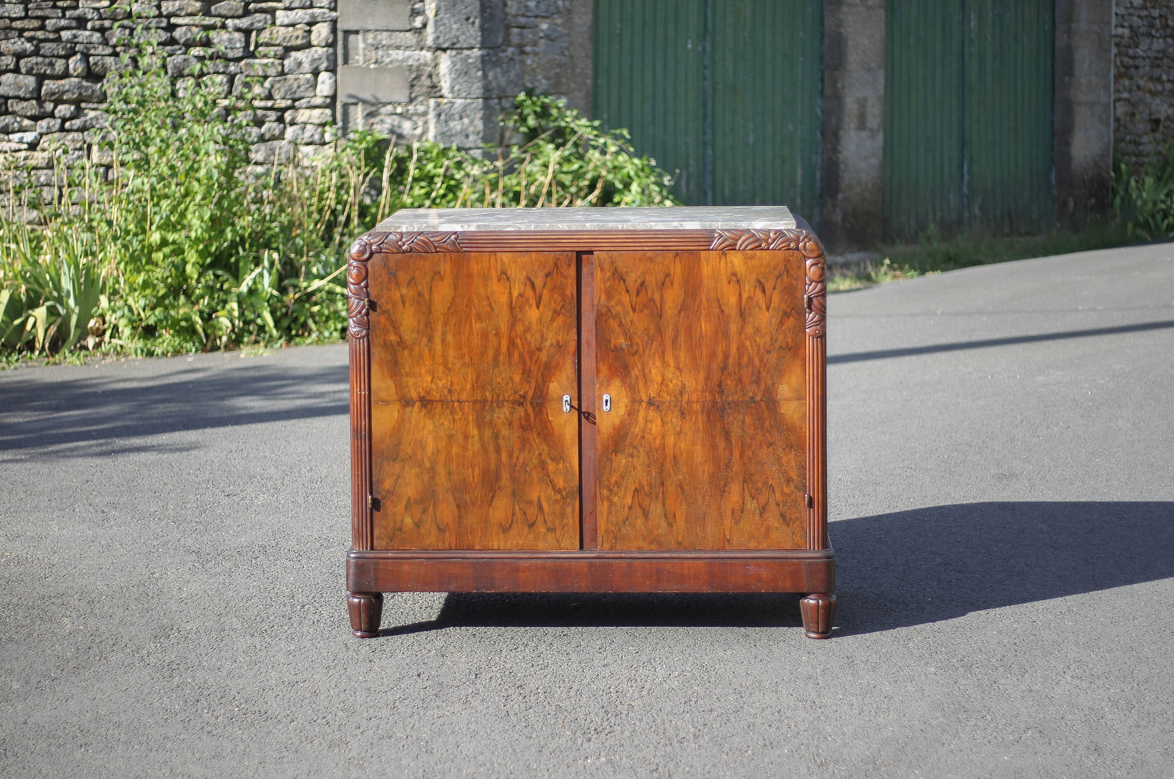 Buffet art déco 2 portes, meuble bois et marbre art déco