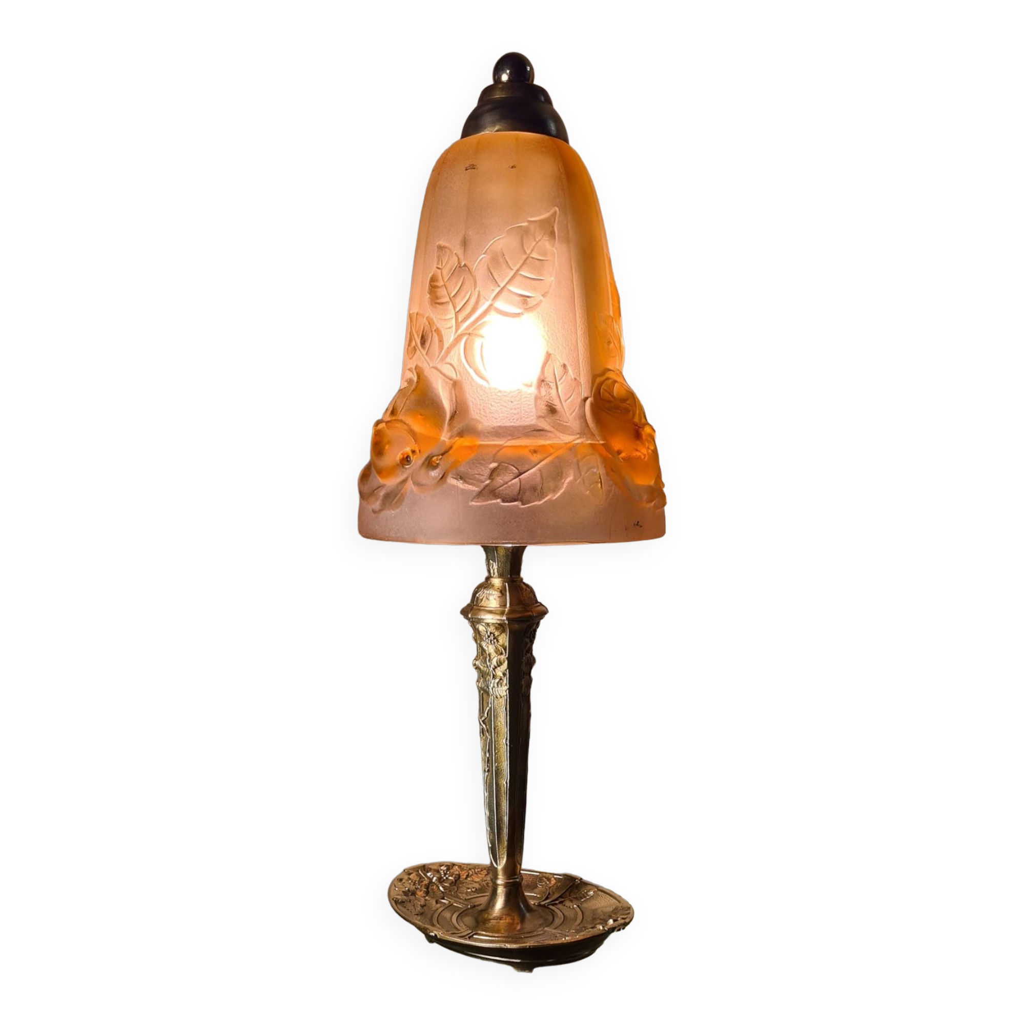 French Art Deco Table Lamp by Cherrier & Besnus very beautiful pressed molded pink glass - 1920s 33x12