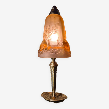 French Art Deco Table Lamp by Cherrier & Besnus verre rose moulé pressé tres bel- 1920s  33x12