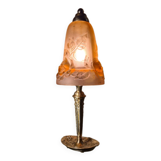 French Art Deco Table Lamp by Cherrier & Besnus verre rose moulé pressé tres bel- 1920s  33x12