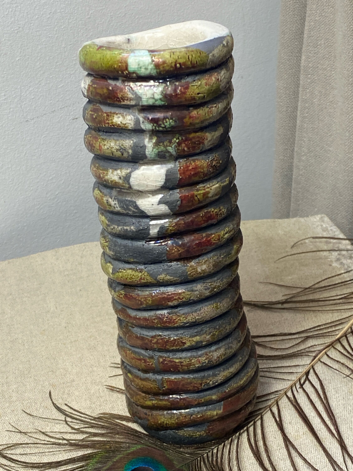 Raku ceramic tubular vase