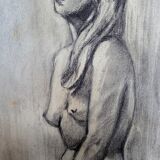 Drawing sketch nude charcoal 1950 60 signed