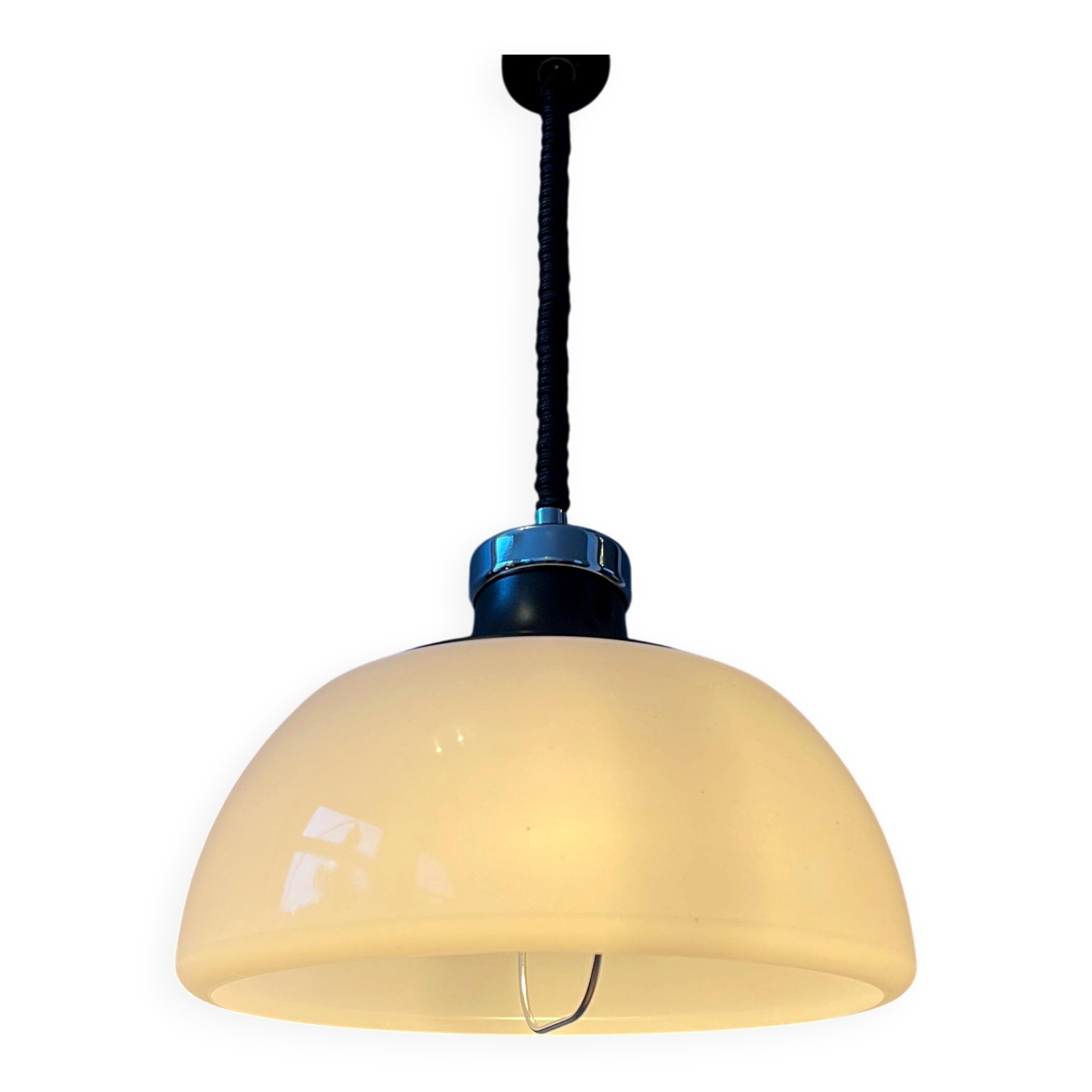 Massive Space Age Mid-Century suspension in plexiglass with white acrylic shade.