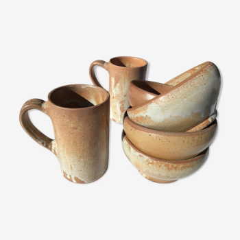 2 mugs et 4 bols grès artisanal finement moucheté