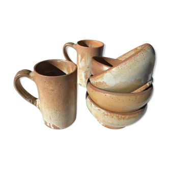 2 mugs and 4 bowls finely speckled artisanal sandstone