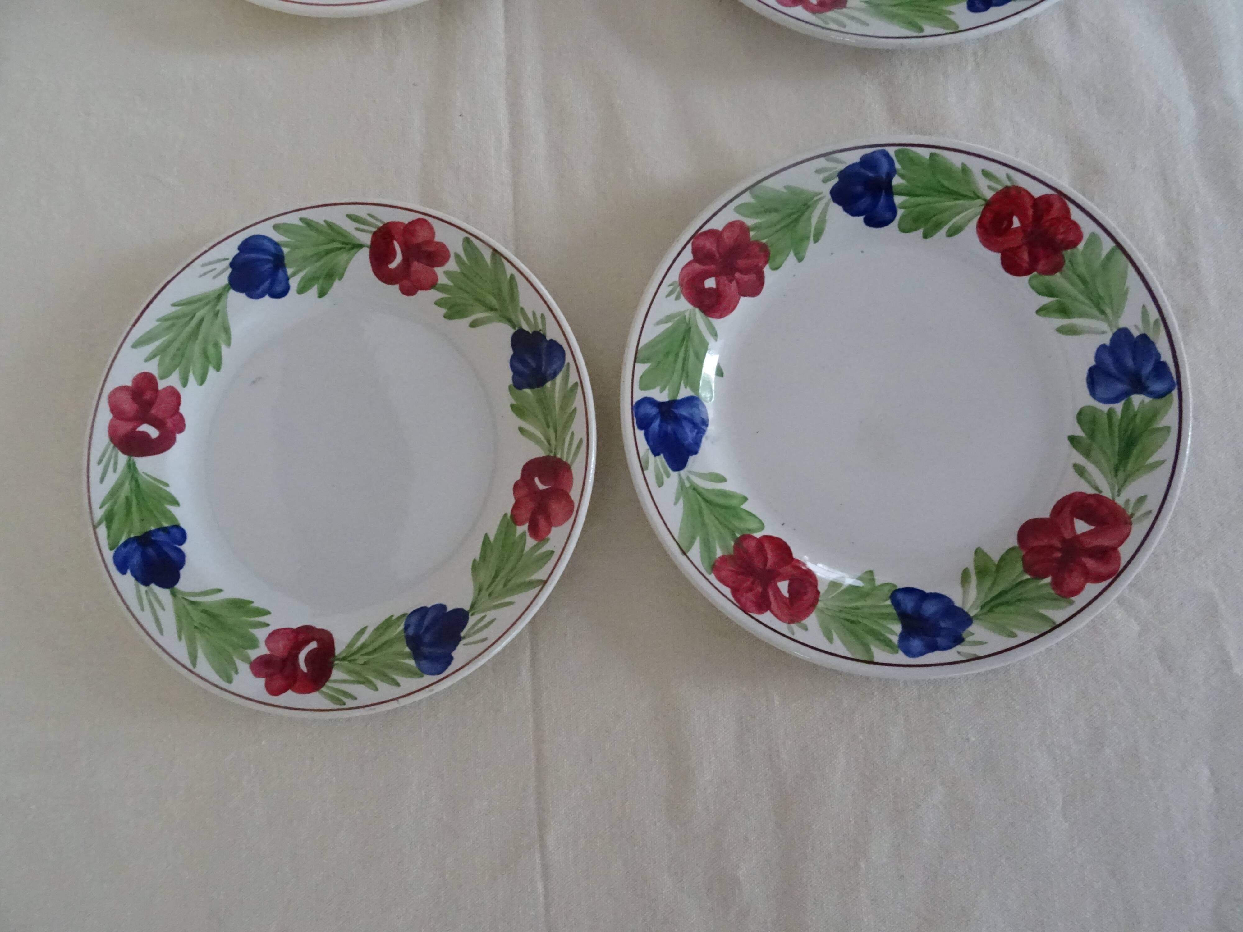 5 plates Luneville Badonviller old faience 385012 red flowers
