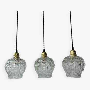 Set of 3 old vintage bubble glass pendants