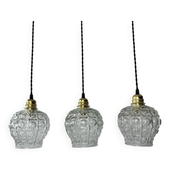 Set of 3 old vintage bubble glass pendants