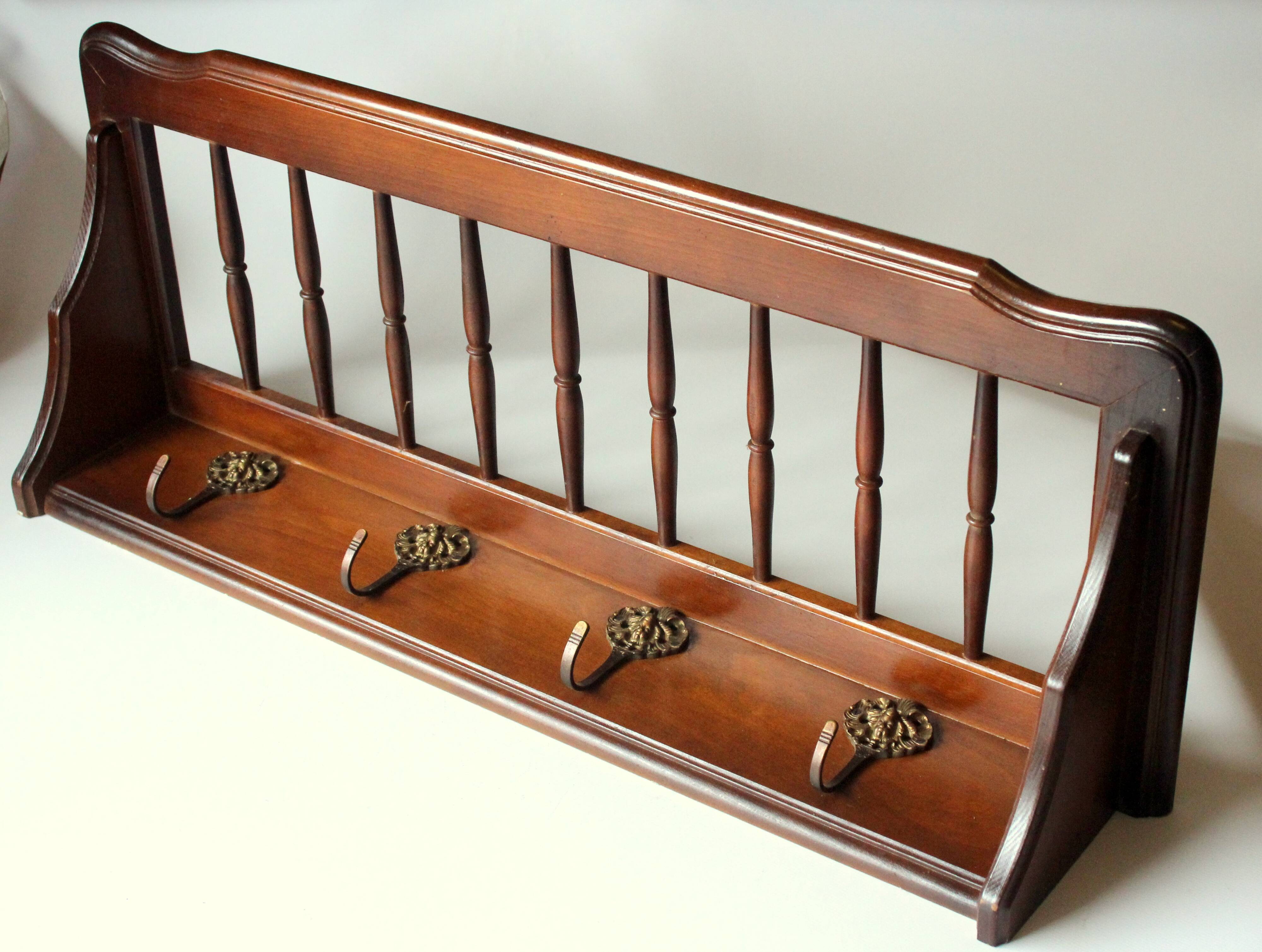 Wall mounted wooden coat rack with shelf wear hats and 4 brass hooks