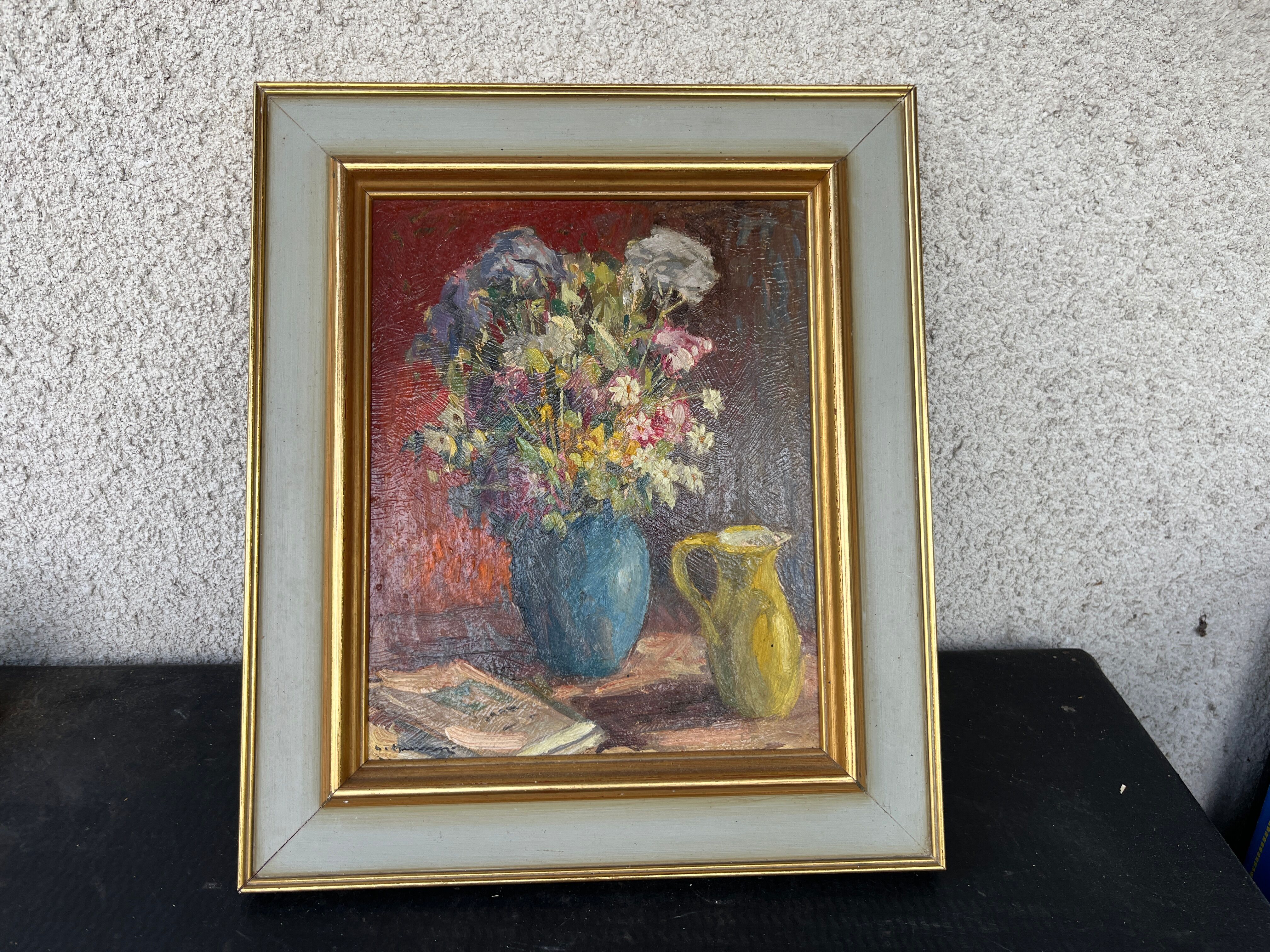 Tableau ancien nature morte "Bouquet de fleurs et pichet" – Huile sur panne