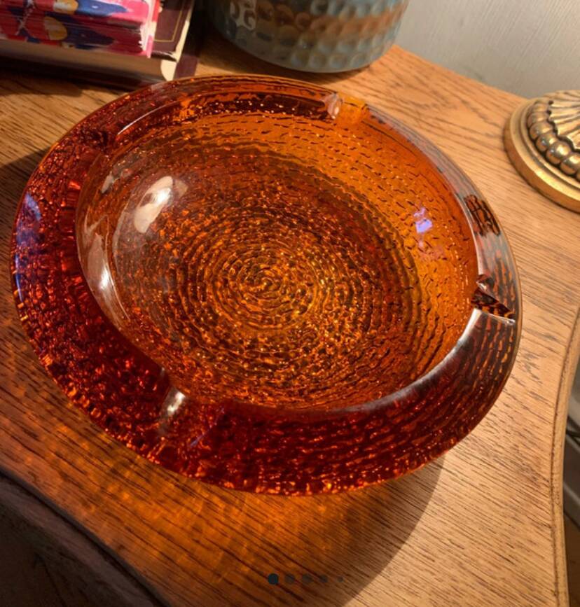 Vintage Amber Textured Glass Ashtray – 1970s – Space Style