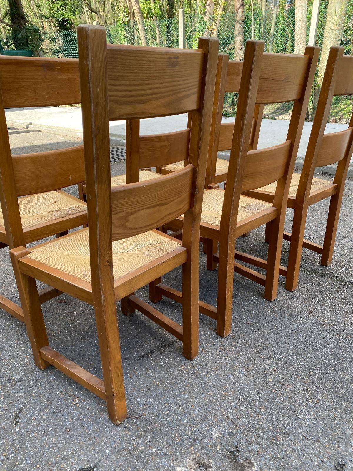 6 solid oak dining chairs with straw seats, farmhouse style
