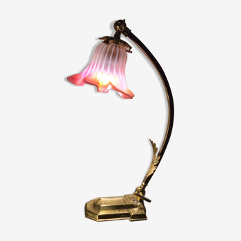 Large restored brass lamp with pretty art nouveau tulip 1900, electricity ok 47x28