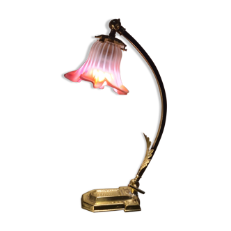 Large restored brass lamp with pretty art nouveau tulip 1900, electricity ok 47x28