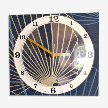Horloge vintage pendule murale silencieuse rectangulaire "bleu doré végétal"