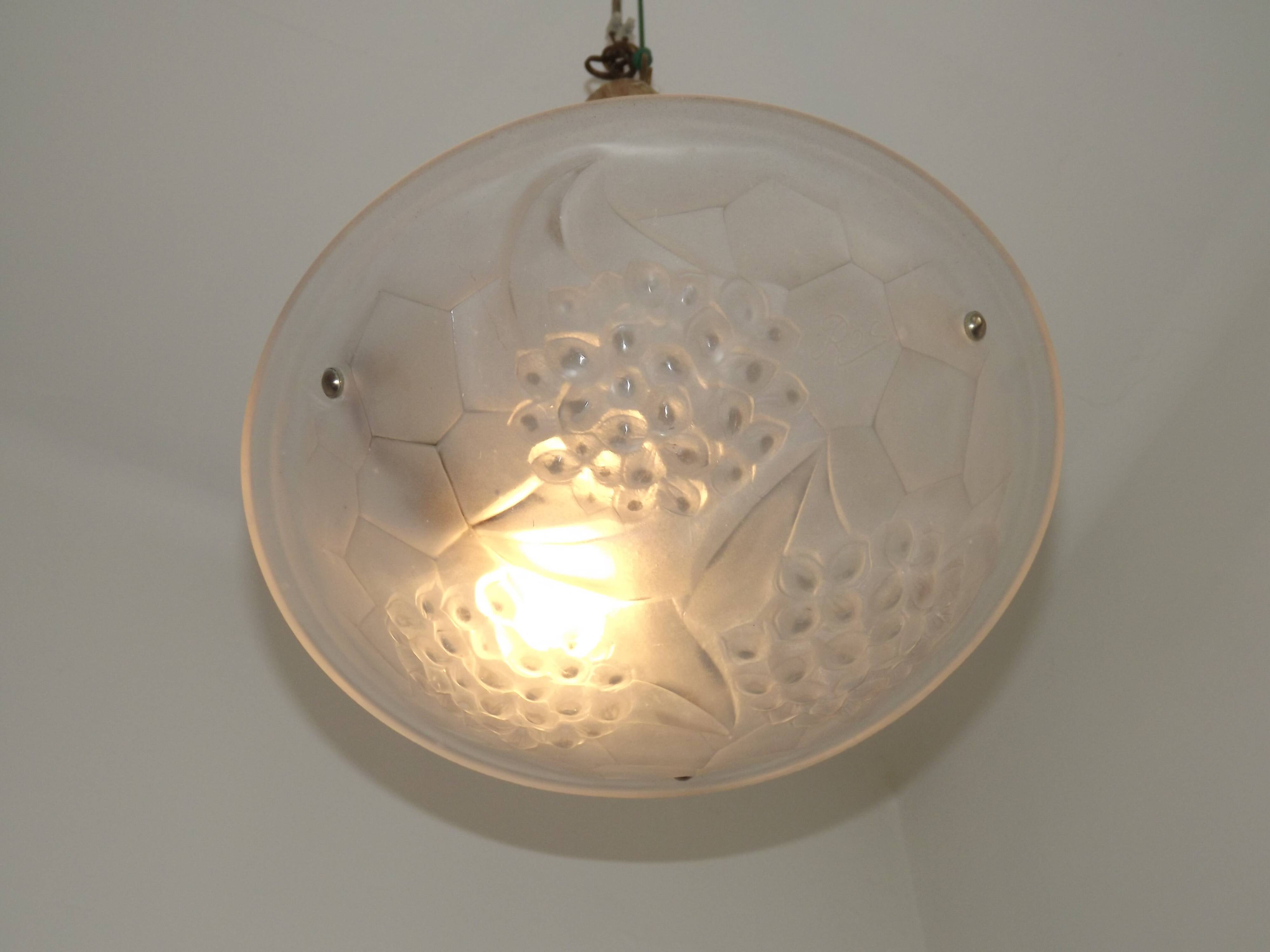 French Art Deco Ceiling Light ROS Degue Frosted Molded Glass Plafonnier