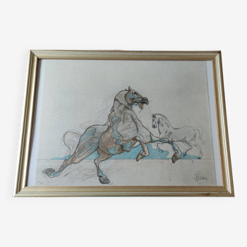 Lithographie " La ruade " signée Leine encadrée sous verre chevaux