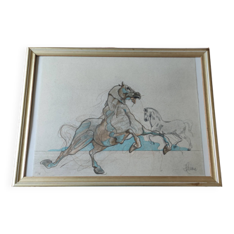 Lithograph “La ruade” signed Leine framed under glass horses