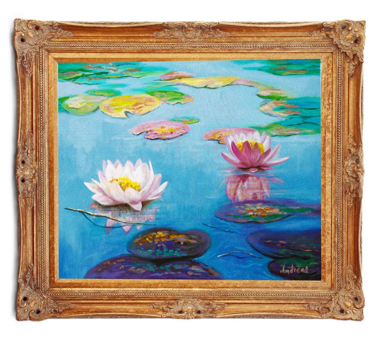 Original oil painting of water lilies, with a high-quality Baroque frame.