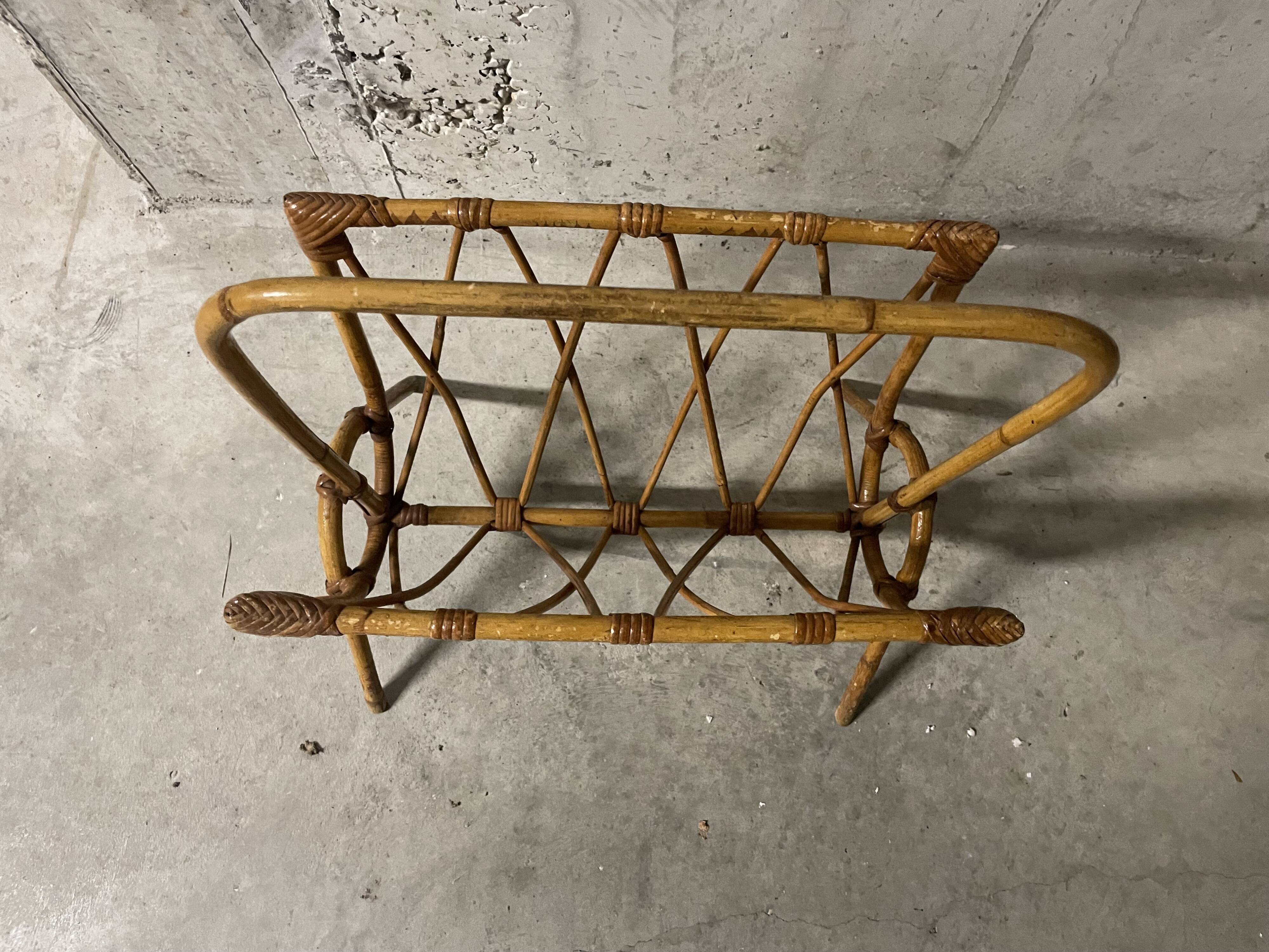 60s rattan magazine rack