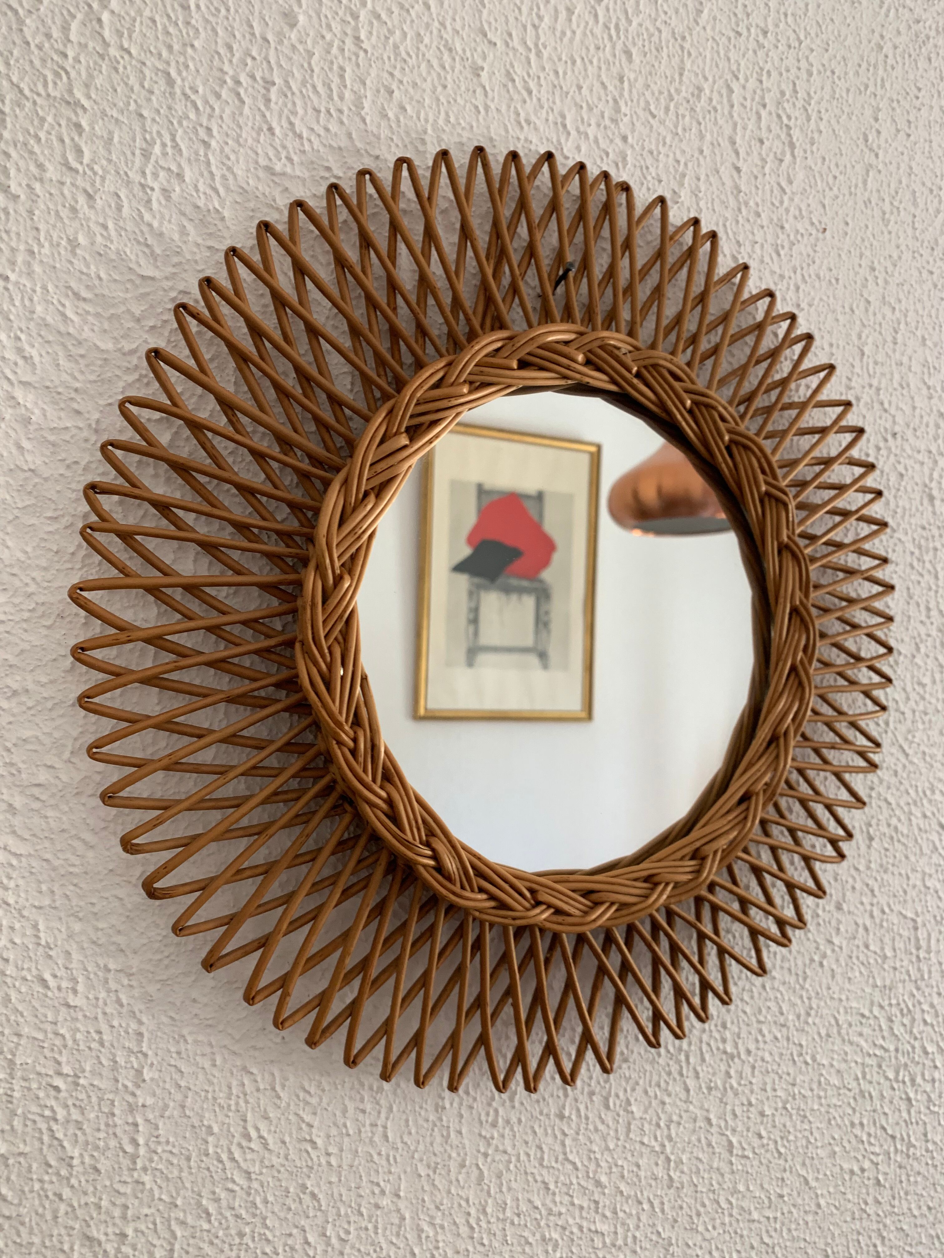 Vintage mirror 1960 sun rattan flower wicker - 37 cm