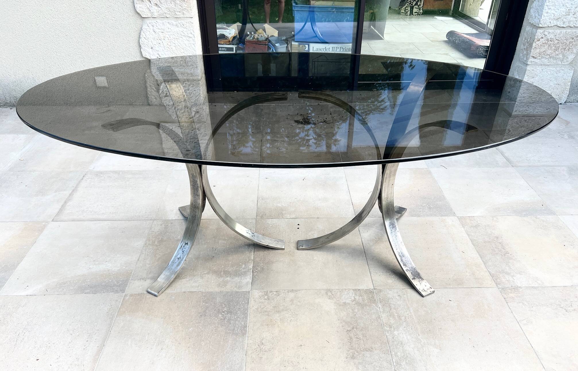 Oval dining table 1960-1970 smoked glass top and chrome base