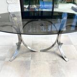 Oval dining table 1960-1970 smoked glass top and chrome base