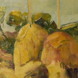 Post impressionist landscape with haystacks