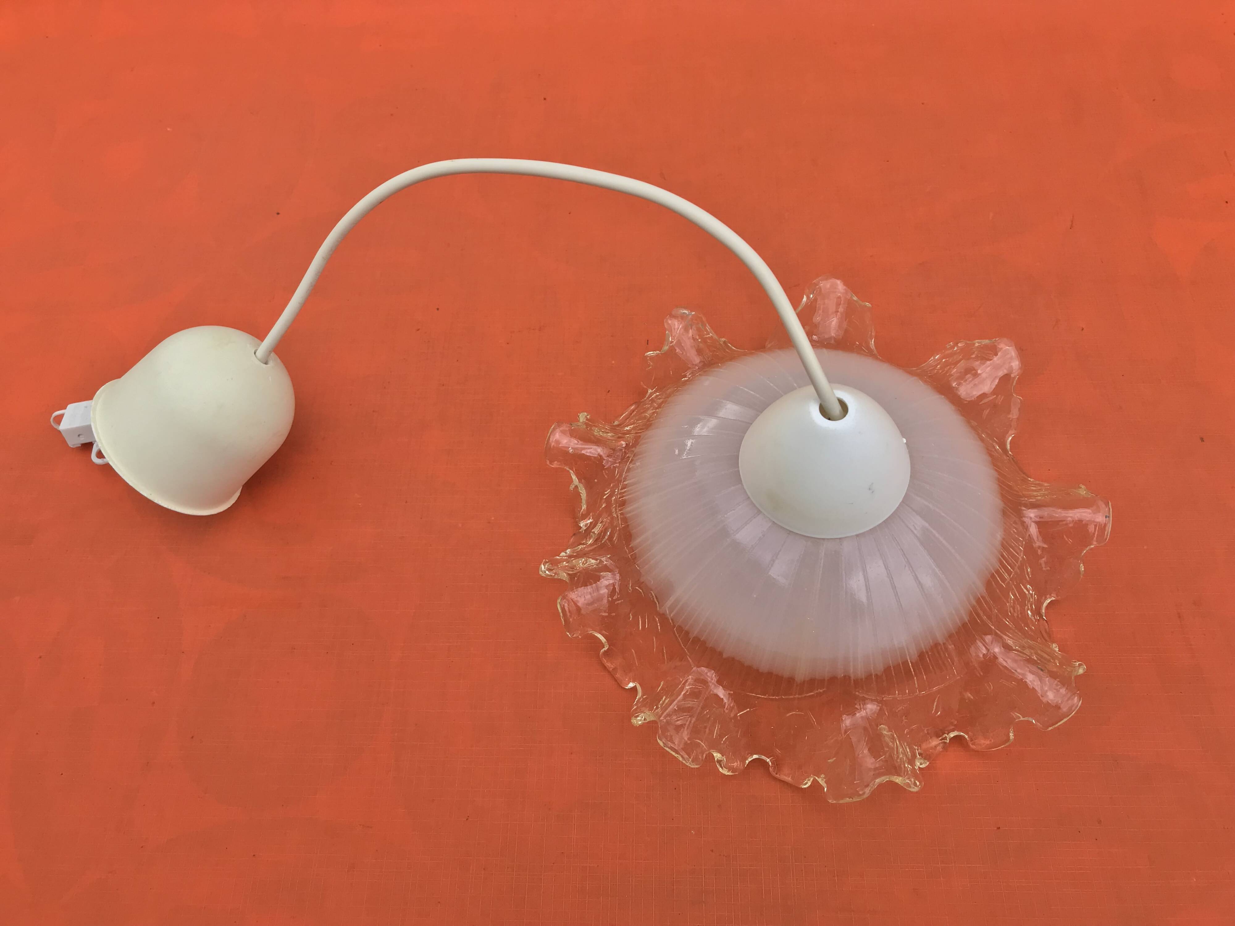 1930s Clear and Milk White Glass Ruffled Lampshade